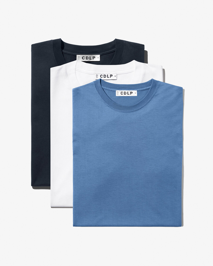3 x herren-t-shirt mittelschwer in dunkelblau weiß und azurblau jetzt kaufen — cdlp