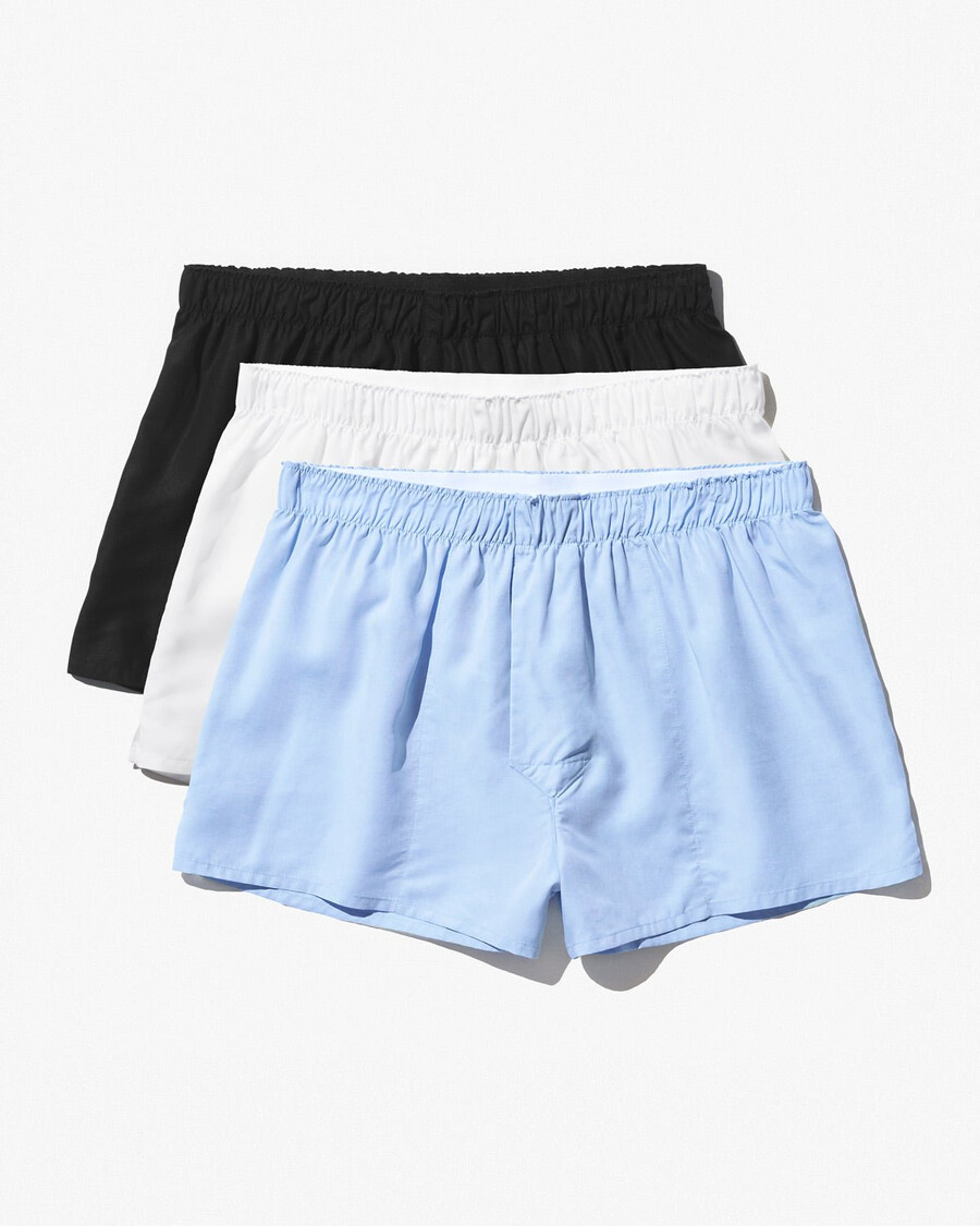 3 x herren-boxershorts aus webstoff schmal geschnitten in schwarz weiß und hellblau shop — cdlp